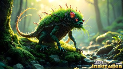 A mossy four-eyed lizard crawls over wet stones under soft sunlight