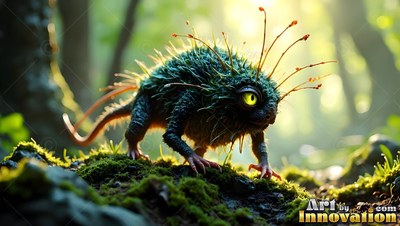 Crawling on a mossy log, a spiny green critter looks forward in sunlight