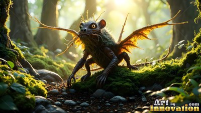 A small winged creature crouches on green moss in the bright sunlight of a forest