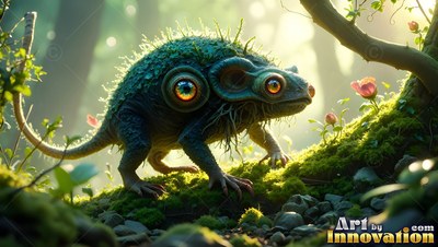 In a sunlit forest, a spiky green creature with big orange eyes walks on moss