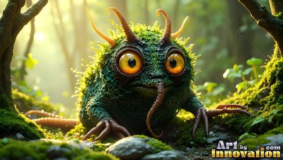 Crouching on mossy ground, a green spiky creature with large yellow eyes looks forward