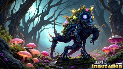 A spiky blue monster walks past pink mushrooms in a dark forest