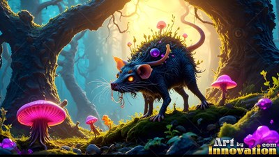 A spiky blue rat with yellow eyes creeps through moss near bright pink mushrooms