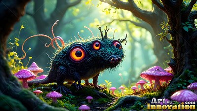 A spiky critter creeps past bright pink mushrooms in soft sunlight