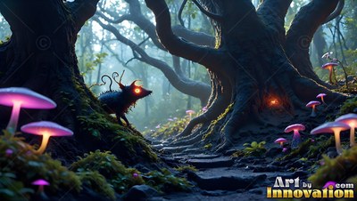 Standing in profile along a forest path, a spiny creature watches by pink mushrooms