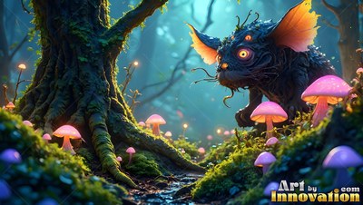 A small dark creature with orange ears creeps past pink mushrooms by an old tree