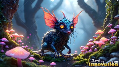 In a mossy woods with pink mushrooms, a small blue creature with orange ears creeps along