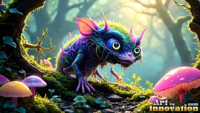 Creeping along a mossy log, a fuzzy blue and green creature watches bright mushrooms
