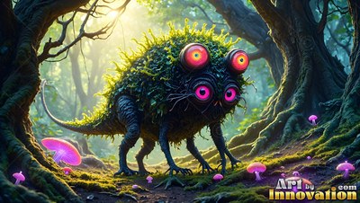 Mossy creature with four pink eyes stands in a forest