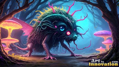 Bright pink horns sprout from a furry fantasy creature walking past mushrooms in a dark blue wood