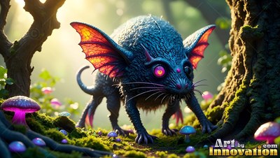 A small spiky monster creeps across the moss under soft yellow woodland light