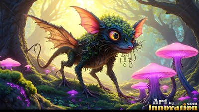 Standing on all fours in a forest, a winged creature walks past pink mushrooms