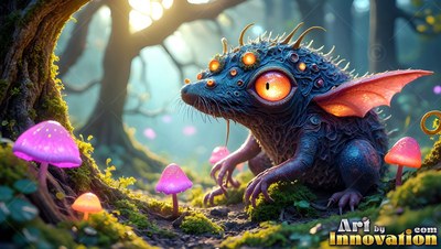 A winged blue creature with big orange eyes sits near pink mushrooms in the woods