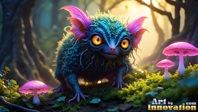 In a sunlit forest, a blue fuzzy creature with pink ears sits near mushrooms