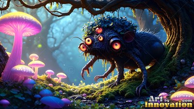 Creeping past bright purple mushrooms, a spiny black creature looks out with five orange eyes