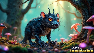 A spiky black rodent with horns stands by pink mushrooms in the woods