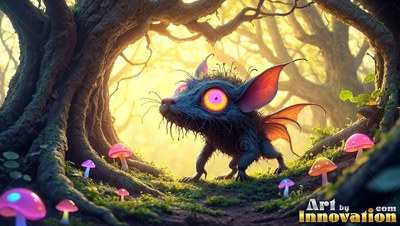 Large yellow eyes stare from a fuzzy blue critter walking under a twisted tree with pink mushrooms