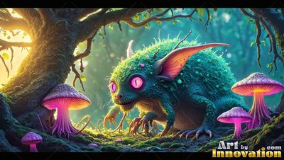 A furry green creature creeps past pink mushrooms in warm morning sunlight