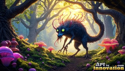 Crouched on a path in the woods, a spiny blue creature walks by pink mushrooms