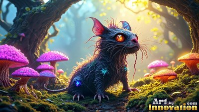 A small furry monster sits on moss near bright pink mushrooms in the woods
