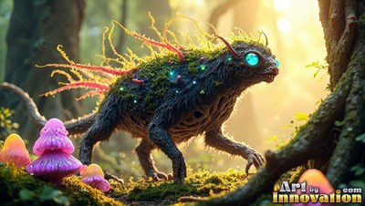 In a sunny forest, a spiky four-legged creature walks past pink mushrooms
