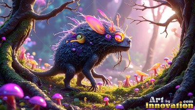 Walking through purple mushrooms, a spiky dark creature pauses under sunlit trees