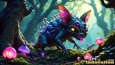 A spiky blue monster crawls past bright pink mushrooms in a forest