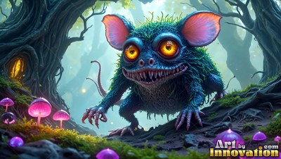 Round orange eyes stare from a blue, hairy monster crawling in a dark woods by purple mushrooms