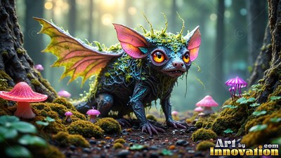 A winged creature crouches on mossy ground near pink mushrooms in soft sunlight