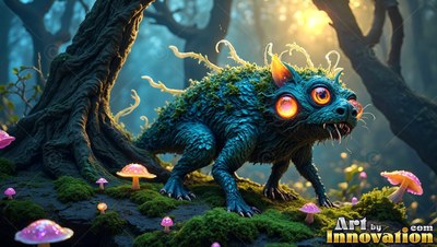 Crouching low on mossy ground, a blue monster creeps by small mushrooms