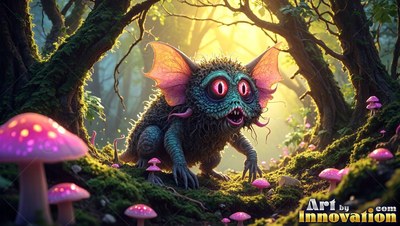 A fuzzy creature with pink bat ears creeps through woods of bright pink mushrooms
