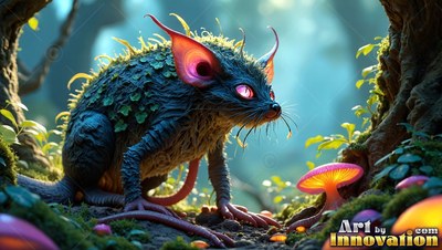 In a mossy forest, a spiky blue rodent crouches near pink mushrooms