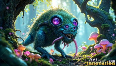 Crawling by pink mushrooms, a spiky green creature with purple eyes grins in the woods