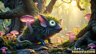 A furry critter with large eyes walks past pink mushrooms in a sunny forest