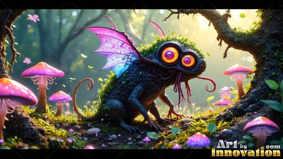 Purple dragon wings spread from a mossy critter crouching near pink mushrooms