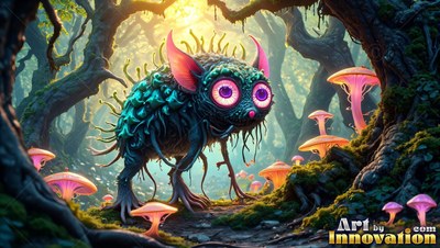 A spiky teal critter stands in a forest past pink mushrooms in soft yellow light