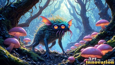 Creeping forward through a forest of pink mushrooms, a spiky four-eyed creature