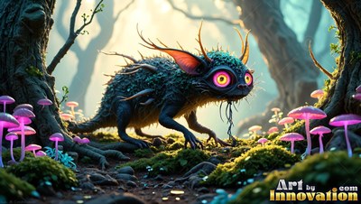 A spiky blue creature with big pink eyes walks past mushrooms in a sunny forest