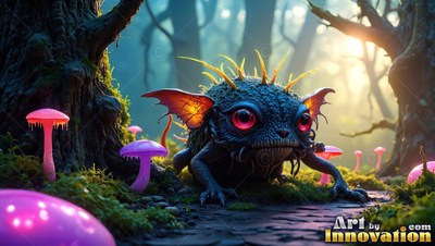 In a misty forest, a spiky blue creature with red eyes crawls by pink mushrooms