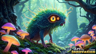 Creeping on moss, a fuzzy green creature walks past bright pink mushrooms