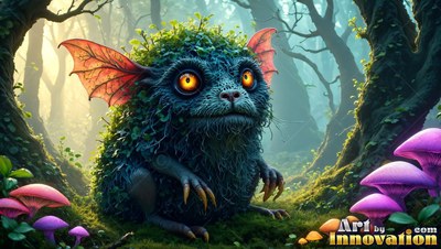 A furry green monster with bat wings sits near purple mushrooms in a forest