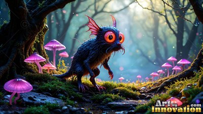 Round orange eyes stare ahead as a fuzzy black creature walks past bright pink mushrooms in a forest