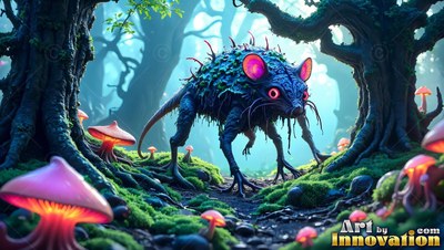A spiny blue creature creeps along a mossy path lit by bright pink mushrooms