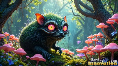 Crouched on a mossy log, a small fuzzy critter sits beside pink mushrooms
