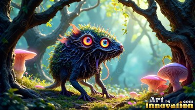 A spiky blue creature with big round eyes stands near pink mushrooms in a forest