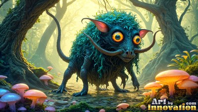 In a mossy forest, a shaggy blue beast with big yellow eyes stands by mushrooms