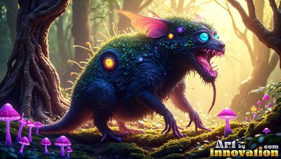 Snarling in a sunny forest, a blue mossy creature creeps past purple mushrooms