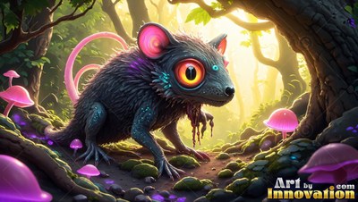A furry gray creature with big pink ears by tiny mushrooms in a forest