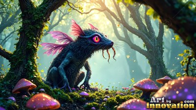 Pink-winged furry critter with large red eyes sits among small purple mushrooms in a sunlit forest