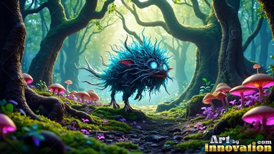 Walking in profile along a trail, a spiky blue creature passes pink mushrooms